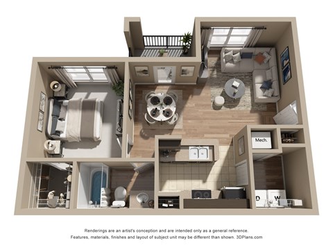 Floor plan for 1 bed, 1 bath, 680 sqft